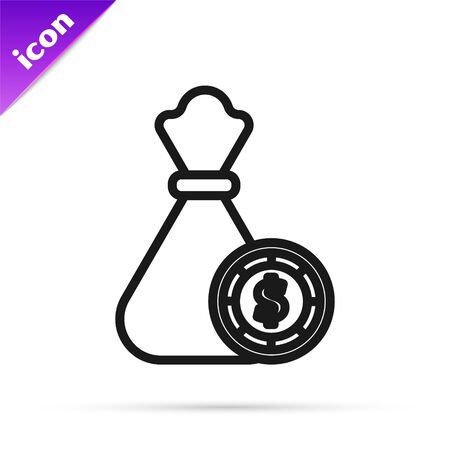 Black line Money bag and casino chips icon isolated on white background. Dollar or USD symbol. Cash Banking currency sign. Vector Illustrationのイラスト素材