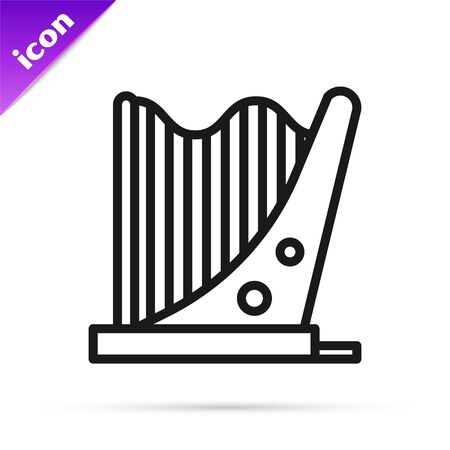 Black line Harp icon isolated on white background. Classical music instrument, orhestra string acoustic element. Vector Illustrationのイラスト素材