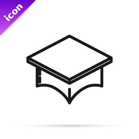 Black line Graduation cap icon isolated on white background. Graduation hat with tassel icon. Vector Illustrationのイラスト素材