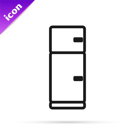 Black line Refrigerator icon isolated on white background. Fridge freezer refrigerator. Household tech and appliances. Vector Illustrationのイラスト素材