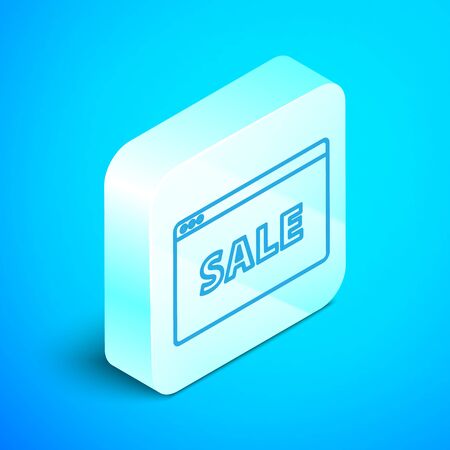 Isometric line Hanging sign with text Online Sale icon isolated on blue background. Signboard with text Sale. Silver square button. Vector Illustrationのイラスト素材