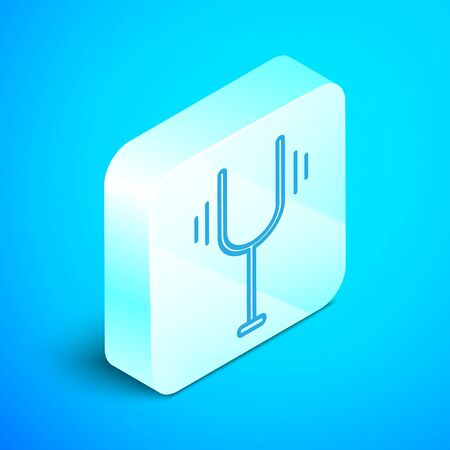 Isometric line Musical tuning fork for tuning musical instruments icon isolated on blue background. Silver square button. Vector Illustrationのイラスト素材