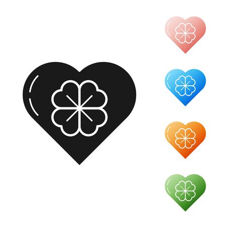 Black Heart with four leaf clover icon isolated on white background. Happy Saint Patrick day. Set icons colorful. Vector Illustrationのイラスト素材