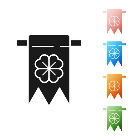 Black Four leaf clover icon isolated on white background. Party pennant for birthday celebration, festival. Happy Saint Patrick day. Set icons colorful. Vector Illustrationのイラスト素材