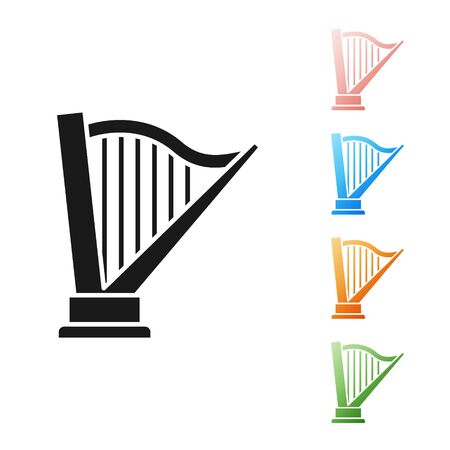 Black Harp icon isolated on white background. Classical music instrument, orhestra string acoustic...