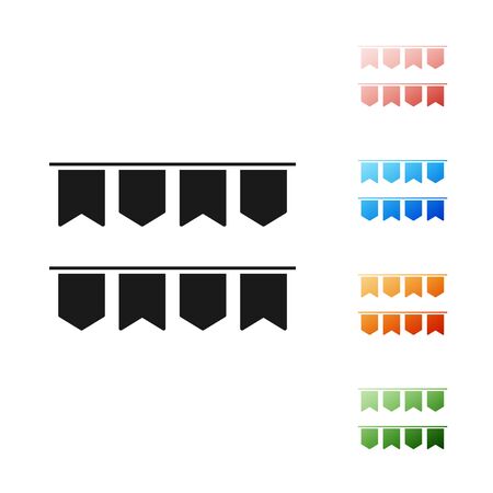 Black Carnival garland with flags icon isolated on white background. Party pennants for birthday celebration, festival and fair decoration. Set icons colorful. Vector Illustrationのイラスト素材