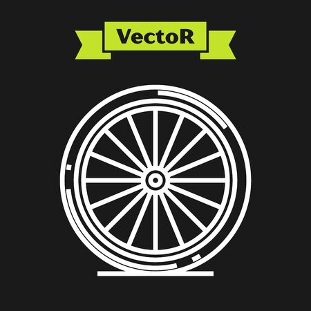 White line Bicycle wheel icon isolated on black background. Bike race. Extreme sport. Sport equipment. Vector Illustrationのイラスト素材