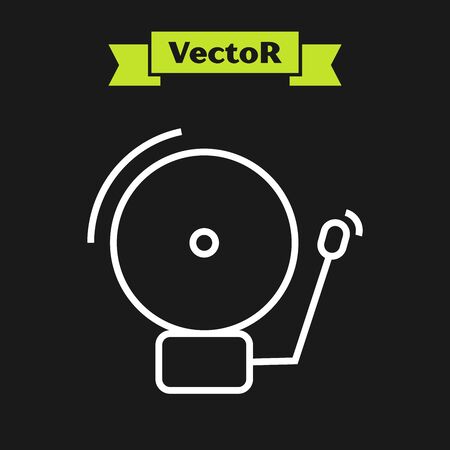 White line Ringing alarm bell icon isolated on black background. Alarm symbol, service bell, handbell sign, notification symbol. Vector Illustrationのイラスト素材