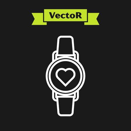 White line Smart watch showing heart beat rate icon isolated on black background. Fitness App concept. Vector Illustrationのイラスト素材