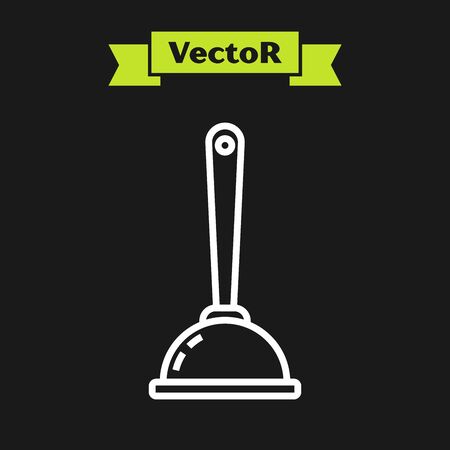 White line Rubber plunger with wooden handle for pipe cleaning icon isolated on black background. Toilet plunger. Vector Illustrationのイラスト素材