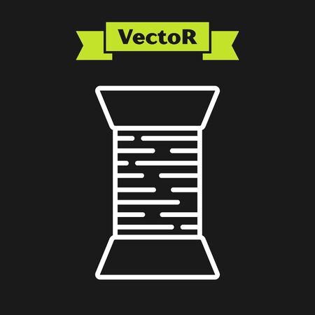 White line Sewing thread on spool icon isolated on black background. Yarn spool. Thread bobbin. Vector Illustrationのイラスト素材