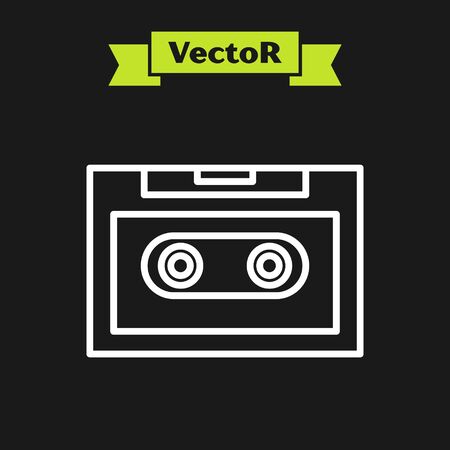 White line Retro audio cassette tape icon isolated on black background. Vector Illustrationのイラスト素材