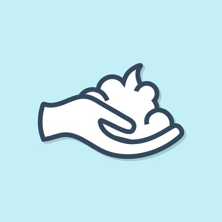Blue line Shaving gel foam on hand icon isolated on blue background. Shaving cream. Vector Illustrationのイラスト素材