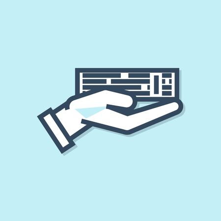 Blue line Hand holding deck of playing cards icon isolated on blue background. Casino gambling. Vector Illustrationのイラスト素材