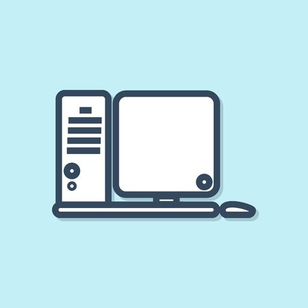 Blue line Computer monitor with keyboard and mouse icon isolated on blue background. PC component sign. Vector Illustrationのイラスト素材