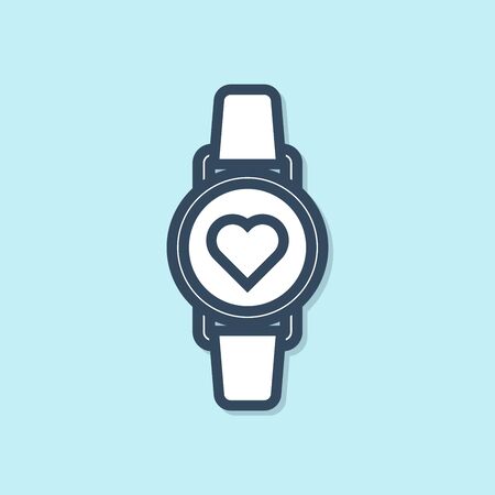 Blue line Smart watch showing heart beat rate icon isolated on blue background. Fitness App concept. Vector Illustrationのイラスト素材