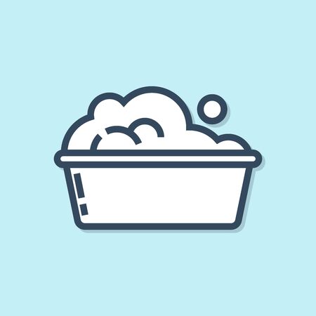 Blue line Plastic basin with soap suds icon isolated on blue background. Bowl with water. Washing clothes, cleaning equipment. Vector Illustrationのイラスト素材