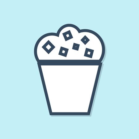 Blue line Popcorn in cardboard box icon isolated on blue background. Popcorn bucket box. Vector Illustrationのイラスト素材