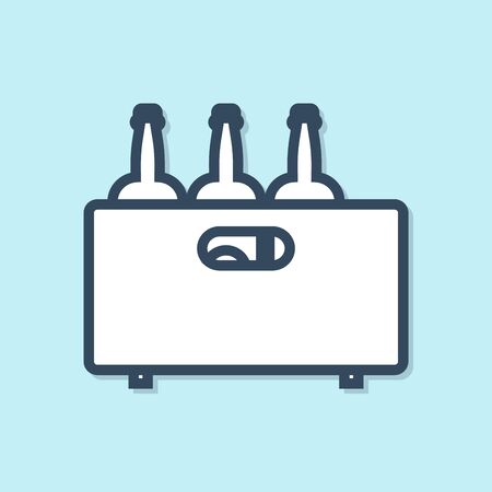 Blue line Bottles of wine in a wooden box icon isolated on blue background. Wine bottles in a wooden crate icon. Vector Illustrationのイラスト素材