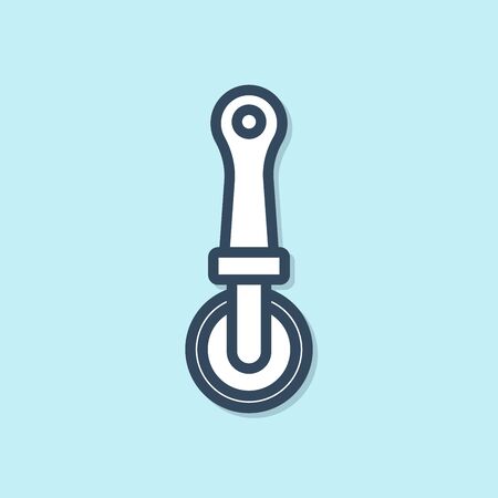Blue line Pizza knife icon isolated on blue background. Pizza cutter sign. Steel kitchenware equipment. Vector Illustrationのイラスト素材