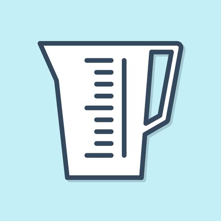 Blue line Measuring cup to measure dry and liquid food icon isolated on blue background. Plastic graduated beaker with handle. Vector Illustrationのイラスト素材