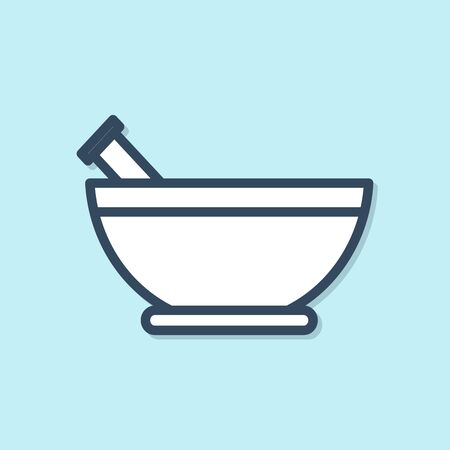 Blue line Mortar and pestle icon isolated on blue background. Vector Illustrationのイラスト素材