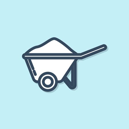 Blue line Wheelbarrow with dirt icon isolated on blue background. Tool equipment. Agriculture cart wheel farm. Vector Illustrationのイラスト素材