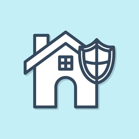 Blue line House with shield icon isolated on blue background. Insurance concept. Security, safety, protection, protect concept. Vector Illustrationのイラスト素材