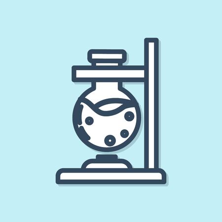 Blue line Glass test tube flask on fire heater experiment icon isolated on blue background. Laboratory equipment. Vector Illustrationのイラスト素材