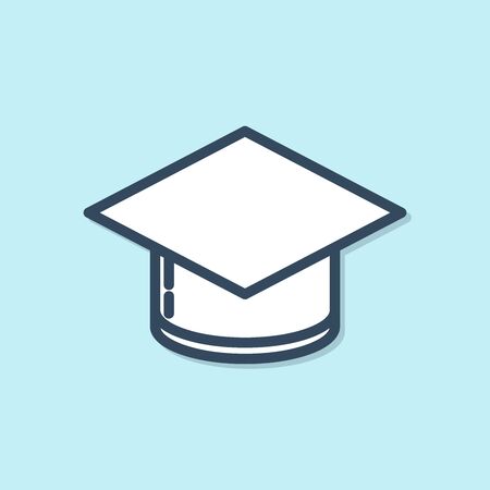 Blue line Graduation cap icon isolated on blue background. Graduation hat with tassel icon. Vector Illustrationのイラスト素材