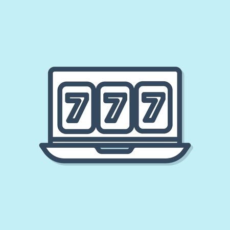 Blue line Online slot machine with lucky sevens jackpot icon isolated on blue background. Online casino. Vector Illustrationのイラスト素材