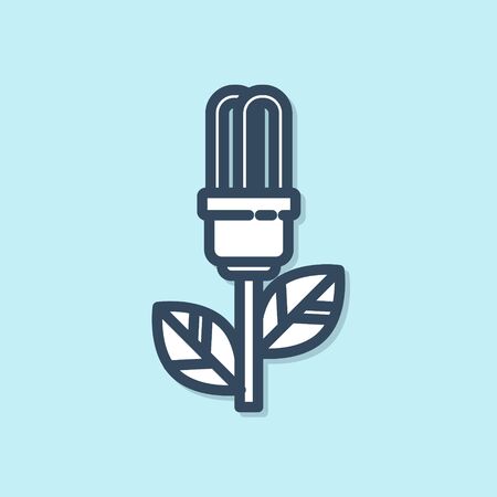Blue line Light bulb with leaf icon isolated on blue background. Eco energy concept. Alternative energy concept. Vector Illustrationのイラスト素材