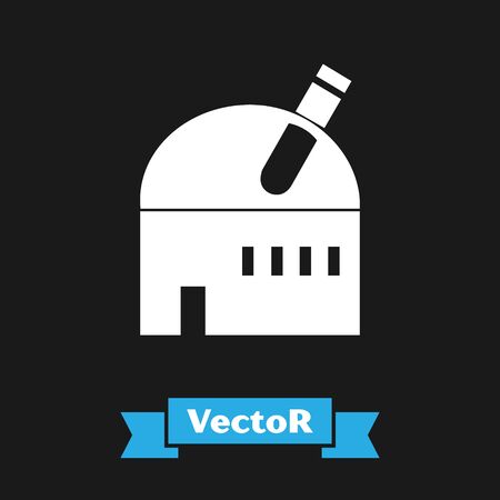 White Astronomical observatory icon isolated on black background. Observatory with a telescope. Scientific institution.  Vector Illustrationのイラスト素材