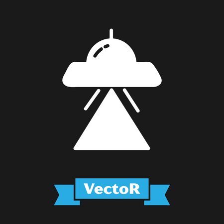 White UFO flying spaceship icon isolated on black background. Flying saucer. Alien space ship. Futuristic unknown flying object. Vector Illustrationのイラスト素材