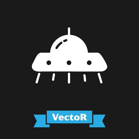 White UFO flying spaceship icon isolated on black background. Flying saucer. Alien space ship. Futuristic unknown flying object. Vector Illustrationのイラスト素材