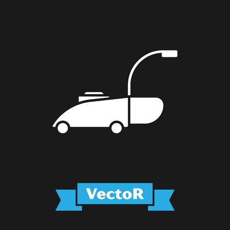 White Lawn mower icon isolated on black background. Lawn mower cutting grass. Vector Illustrationのイラスト素材