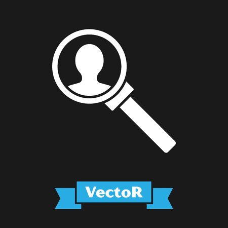 White Magnifying glass for search icon isolated on black background. Recruitment or selection concept. Search for employees and job. Vector Illustrationのイラスト素材