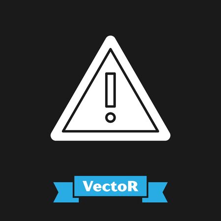 White Exclamation mark in triangle icon isolated on black background. Hazard warning sign, careful, attention, danger warning important sign. Vector Illustrationのイラスト素材