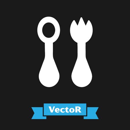 White Baby plastic cutlery with fork and spoon icon isolated on black background. Cutlery for kid. Childrens dining items. Vector Illustrationのイラスト素材