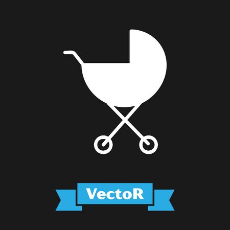 White Baby stroller icon isolated on black background. Baby carriage, buggy, pram, stroller, wheel. Vector Illustrationのイラスト素材