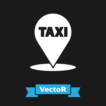 White Map pointer with taxi icon isolated on black background. Location symbol. Vector Illustrationのイラスト素材