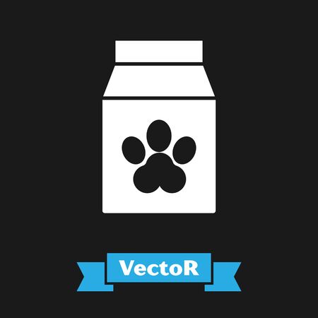 White Bag of food for pet icon isolated on black background. Food for animals. Pet food package. Dog or cat paw print. Vector Illustrationのイラスト素材