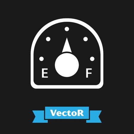White Motor gas gauge icon isolated on black background. Empty fuel meter. Full tank indication. Vector Illustrationのイラスト素材