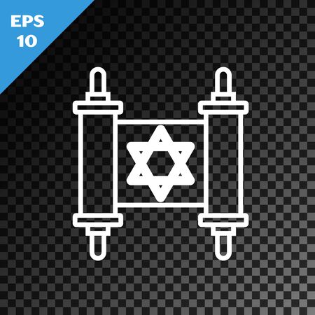 White line Torah scroll icon isolated on transparent dark background. Jewish Torah in expanded form. Star of David symbol. Old parchment scroll. Vector Illustrationのイラスト素材