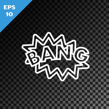 White line Bang boom, gun Comic text speech bubble balloon icon isolated on transparent dark background. Vector Illustrationのイラスト素材