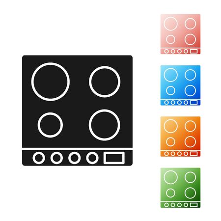 Black Gas stove icon isolated on white background. Cooktop sign. Hob with four circle burners. Set icons colorful. Vector Illustrationのイラスト素材