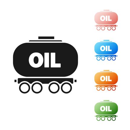Black Oil railway cistern icon isolated on white background. Train oil tank on railway car. Rail freight. Oil industry. Set icons colorful. Vector Illustrationのイラスト素材