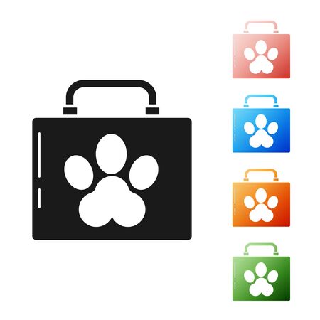 Black Pet first aid kit icon isolated on white background. Dog or cat paw print. Clinic box. Set icons colorful. Vector Illustrationのイラスト素材