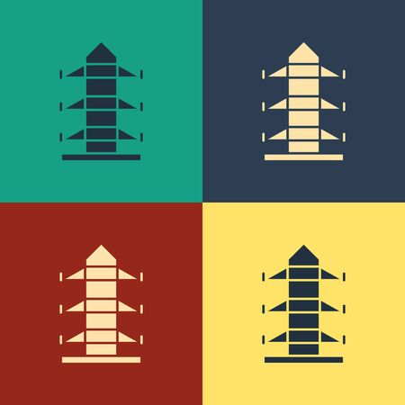 Color Electric tower used to support an overhead power line icon isolated on color background. High voltage power pole line. Vintage style drawing. Vector Illustrationのイラスト素材
