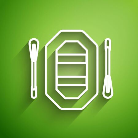 White line Rafting boat icon isolated on green background. Inflatable boat with paddles. Water sports, extreme sports, holiday, vacation.  Vector Illustrationのイラスト素材